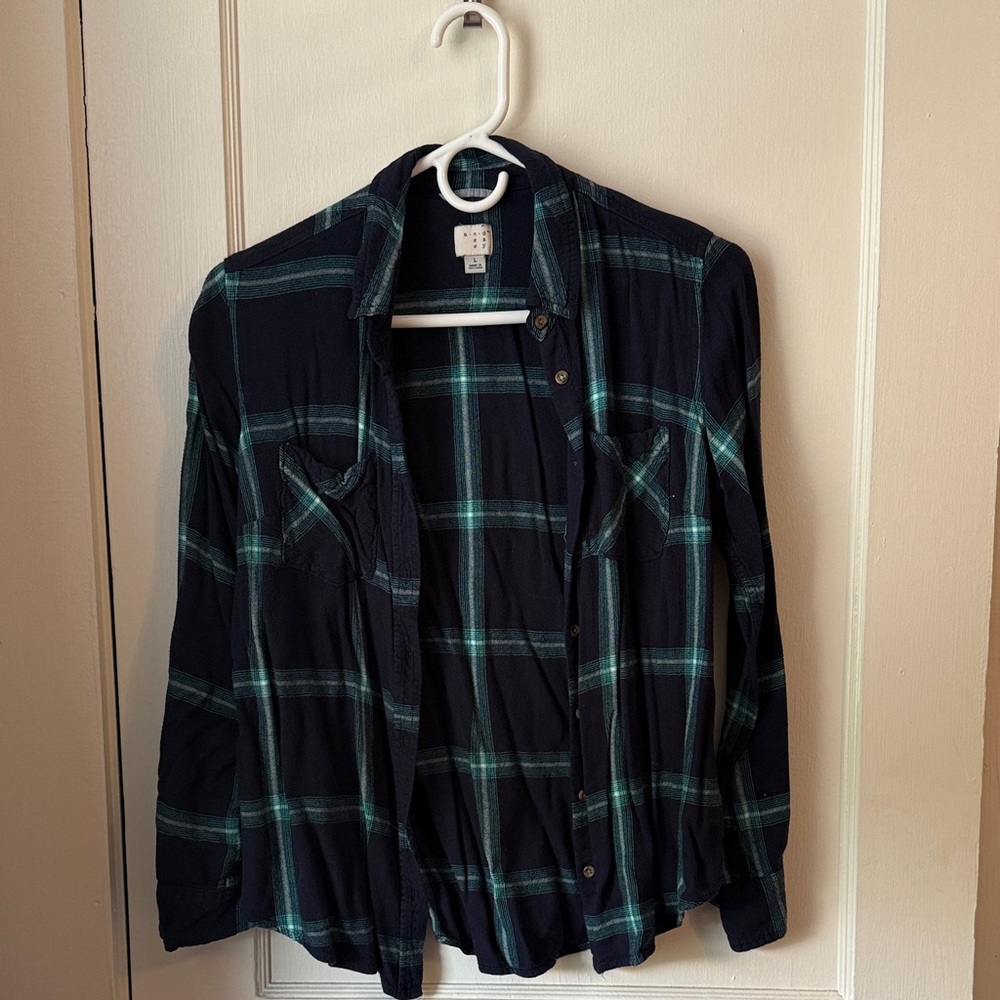 Navy and Green Plaid Button-Up Shirt